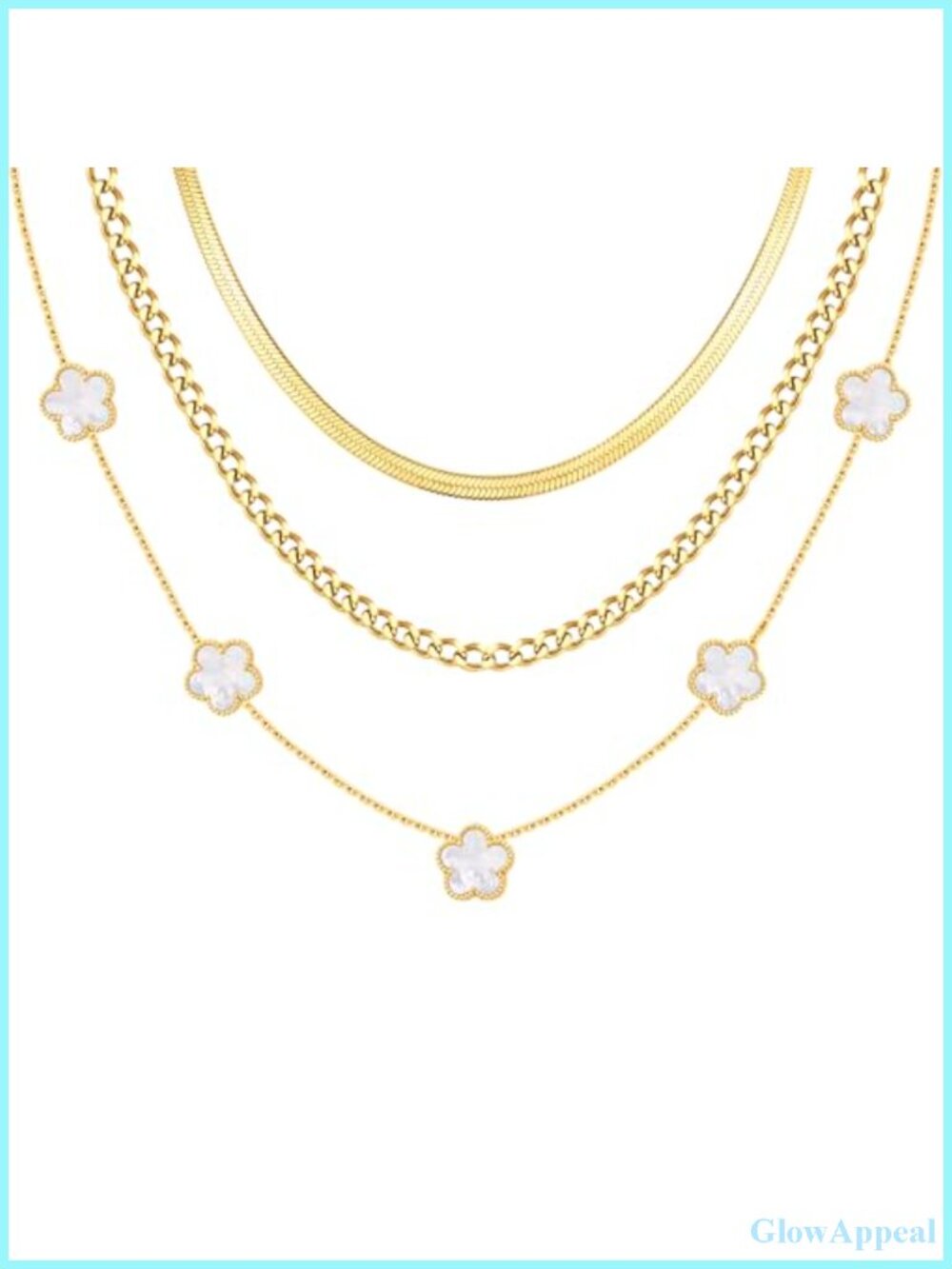 18K Gold Plated Layered Necklace Set Herringbone Cuban Link Floral 3Pc